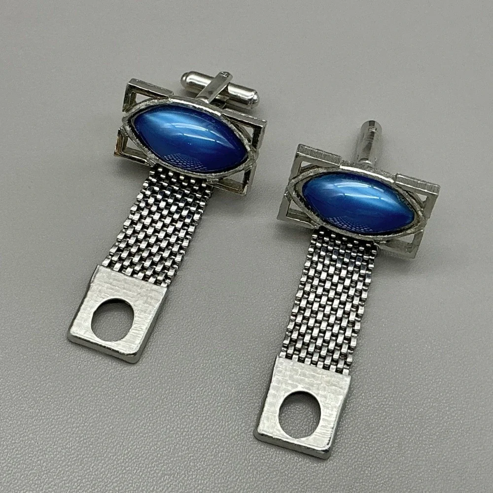 Hickok Vintage Blue Cabochon Mesh Wrap Around Cufflinks Silver Tone Mid Century